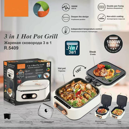 3-in-1 Electric Hot Pot Grill, 1800W Multi-Function Cooker with Non-stick Coating, Double Pan Design, White