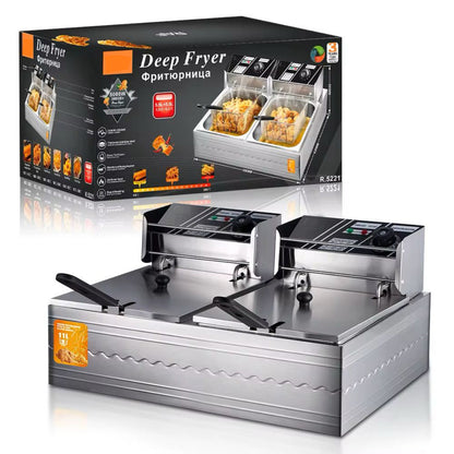 Commercial Double Deep Fryer, 5.5L + 5.5L Capacity, Stainless Steel Electric Fryer with Temperature Control