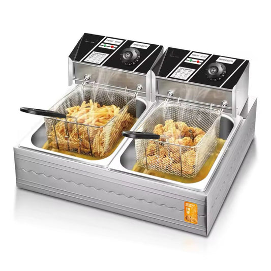 Commercial Double Deep Fryer, 5.5L + 5.5L Capacity, Stainless Steel Electric Fryer with Temperature Control