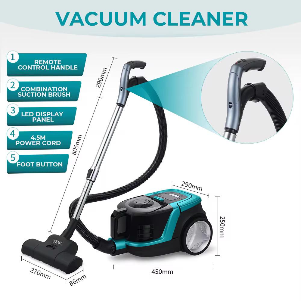 Bagless Vacuum Cleaner, 2500W, Remote Control Handle, 4.5m Cord, LED Display, Automatic Cord Retraction, Black/Turquoise