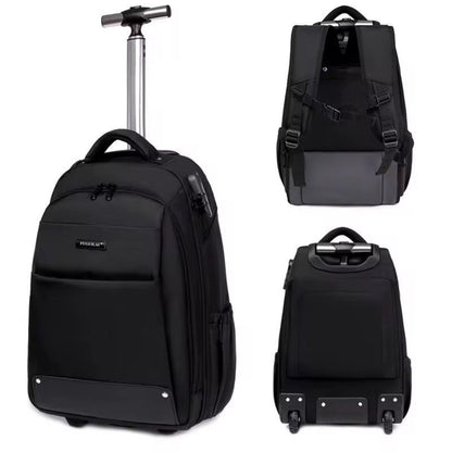 Rolling Laptop Backpack with Telescopic Handle, Waterproof Business Travel Bag, Large Capacity Multi-functional Wheeled Rucksack, Black