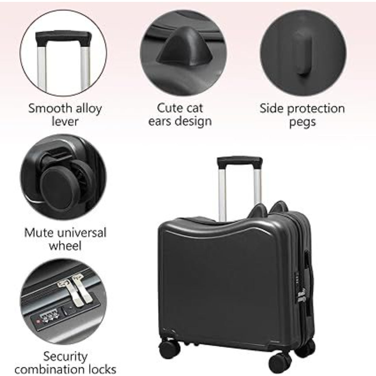 Kids Travel Trolley Suitcase, Ride-On Luggage with Cat Ears Design, Security Lock, Mute Wheels,